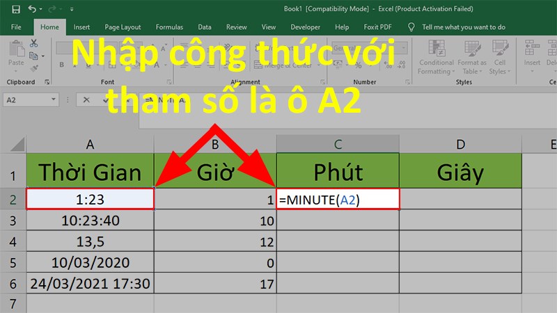 Tại ô đầu tiên của cột phút  Nhập công thức =MINUTE(A2)